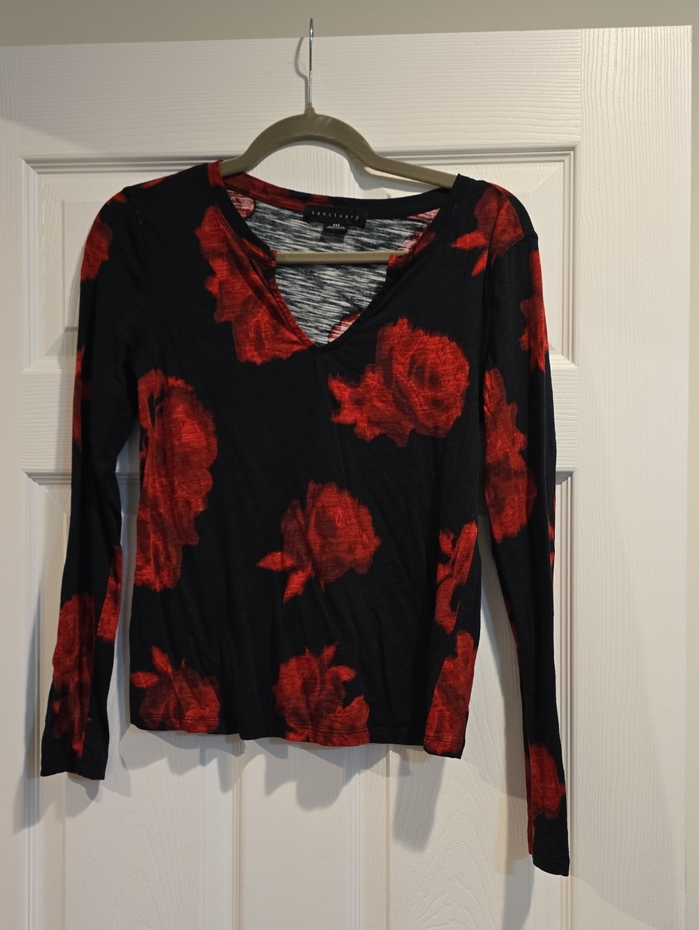 Sanctuary Black V-Neck Long Sleeve Top with Red Floral Motif